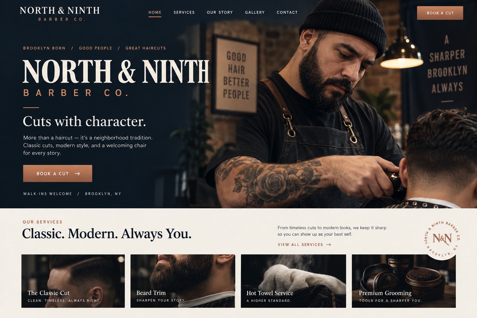 Fictional North and Ninth barber shop website concept